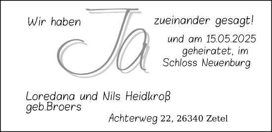 Hochzeitsanzeige von Loredana Heidkroß von NWZ