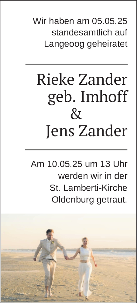 Hochzeitsanzeige von Rieke Zander von NWZ