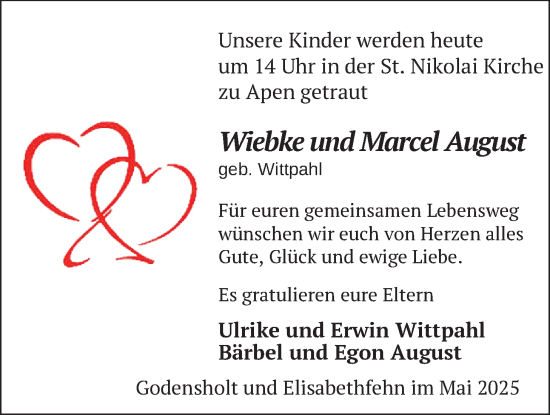 Hochzeitsanzeige von Wiebke August von NWZ