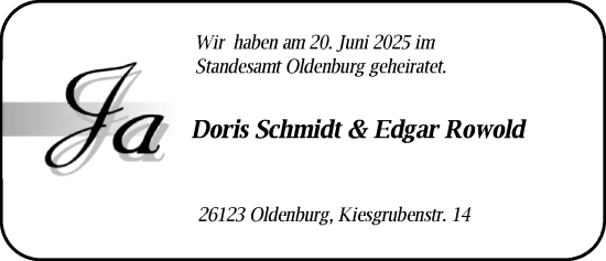 Hochzeitsanzeige von Doris Schmidt von NWZ