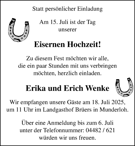 Hochzeitsanzeige von Erika Wenke von NWZ
