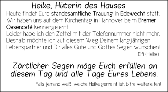 Hochzeitsanzeige von Heike  von NWZ