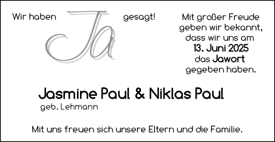 Hochzeitsanzeige von Jasmine Paul von EZ