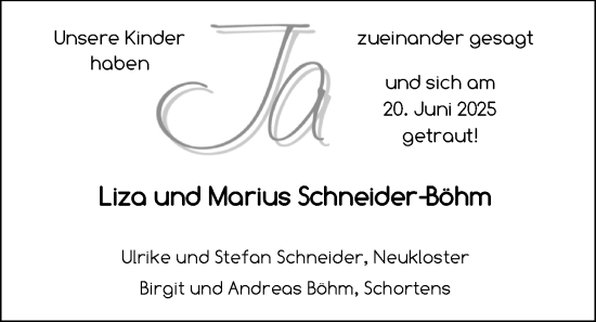 Hochzeitsanzeige von Liza Schneider-Böhm von BM