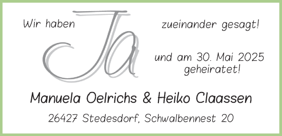 Hochzeitsanzeige von Manuela Oelrichs von BM
