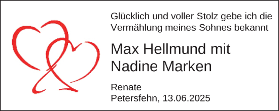 Hochzeitsanzeige von Max Hellmund von NWZ