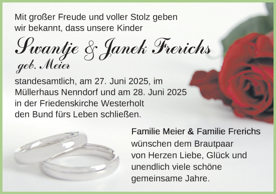 Hochzeitsanzeige von Swantje Frerichs von BM