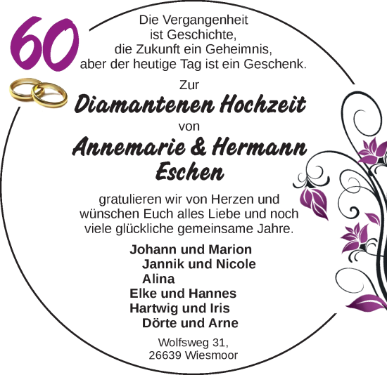 Hochzeitsanzeige von Annemarie Eschen von BM