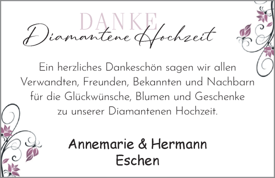 Hochzeitsanzeige von Annemarie Eschen von BM