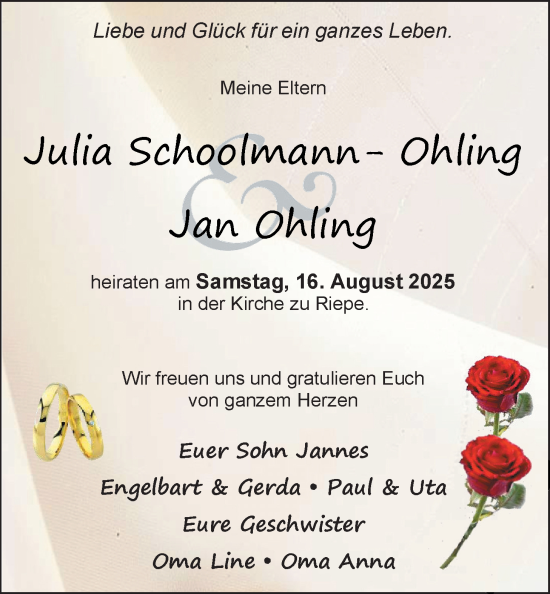 Hochzeitsanzeige von Julia  Schoolmann- Ohling von EZ