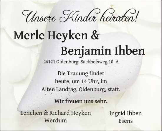 Hochzeitsanzeige von Merle Heyken von BM