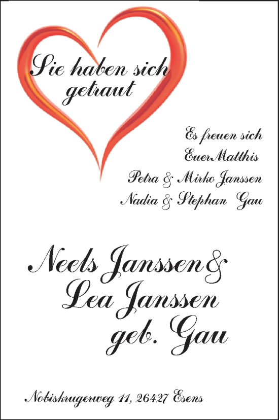 Hochzeitsanzeige von Neels Janssen von BM