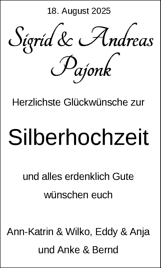 Hochzeitsanzeige von Sigrid Pajonk von NWZ