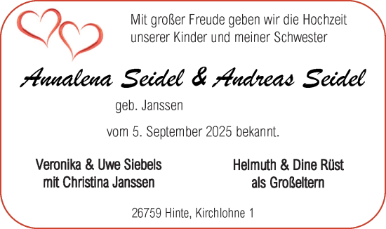 Hochzeitsanzeige von Annalena Seidel von EZ
