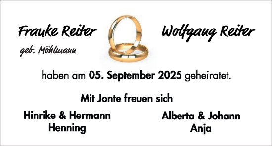 Hochzeitsanzeige von Frauke Reiter von EZ