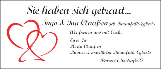 Hochzeitsanzeige von Ingo Claaßen von BM