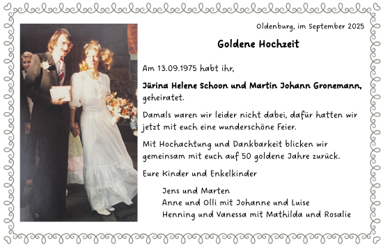 Hochzeitsanzeige von Jürina Helene Schoon-Gronemann von NWZ