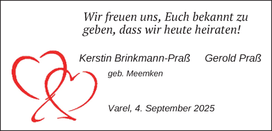 Hochzeitsanzeige von Kerstin Brinkmann-Praß von NWZ