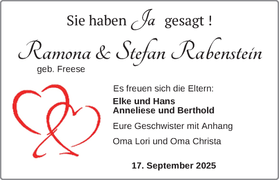 Hochzeitsanzeige von Ramona Rabenstein von BM