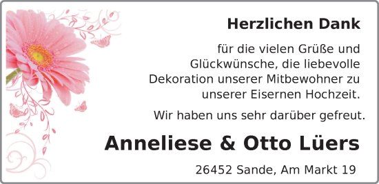 Hochzeitsanzeige von Anneliese Lüers von BM