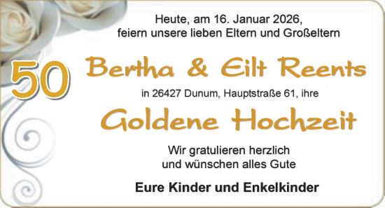 Hochzeitsanzeige von Bertha Reents von BM