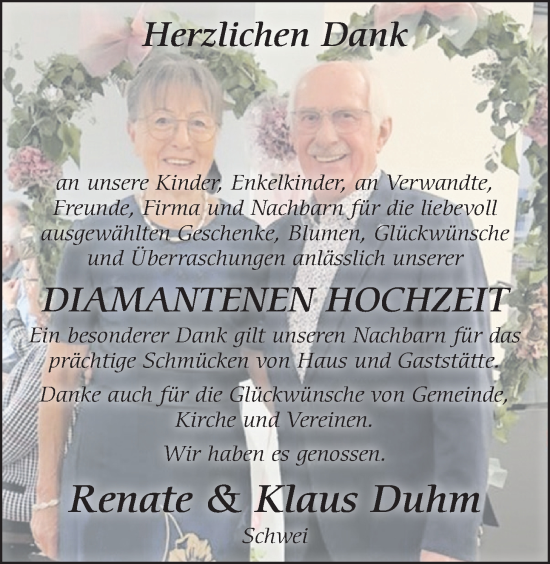Hochzeitsanzeige von Renate Duhm von NWZ