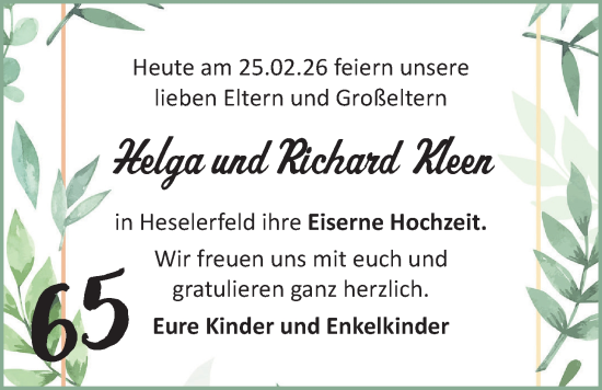 Hochzeitsanzeige von Helga Kleen von BM