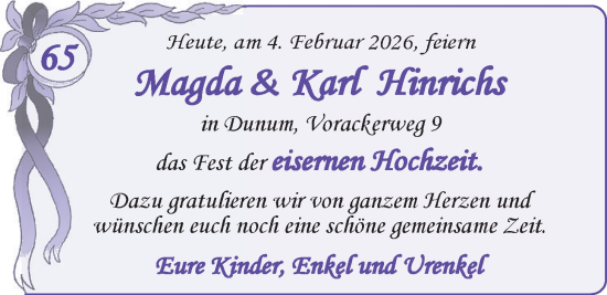 Hochzeitsanzeige von Magda Hinrichs von BM