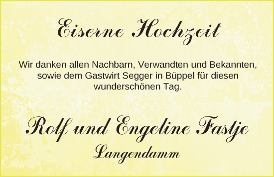 Hochzeitsanzeige von Rolf Fastje von NWZ