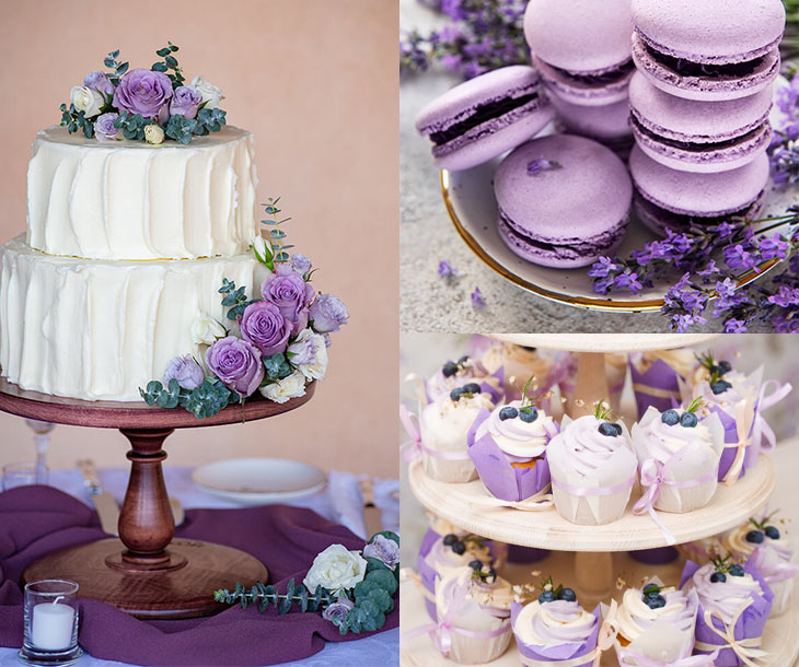 Hochzeitstorte, Cupcakes und Macarons in der Trendfarbe "Very Peri"