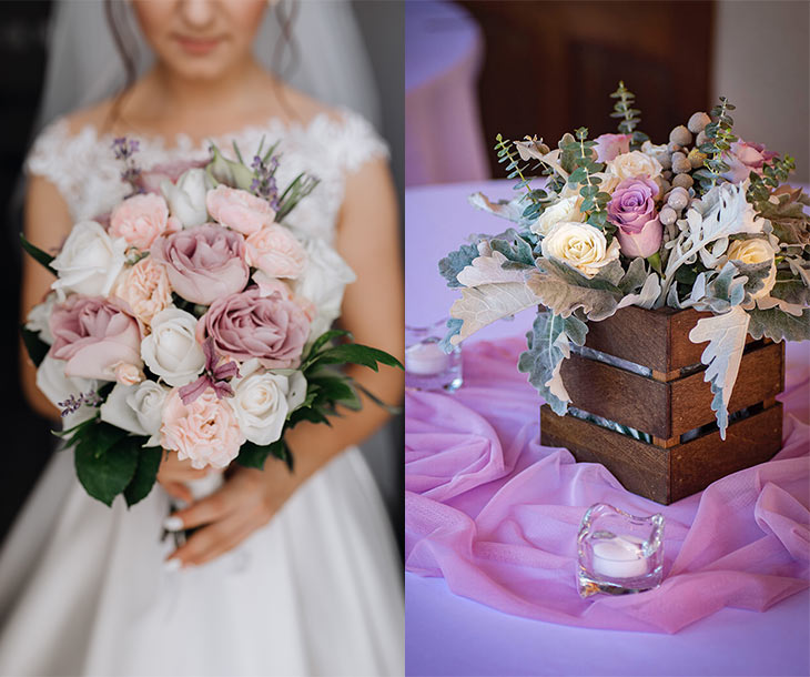 Die Blumen und die Deko abgestimmt aufs Hochzeitskonzept "Very Peri"